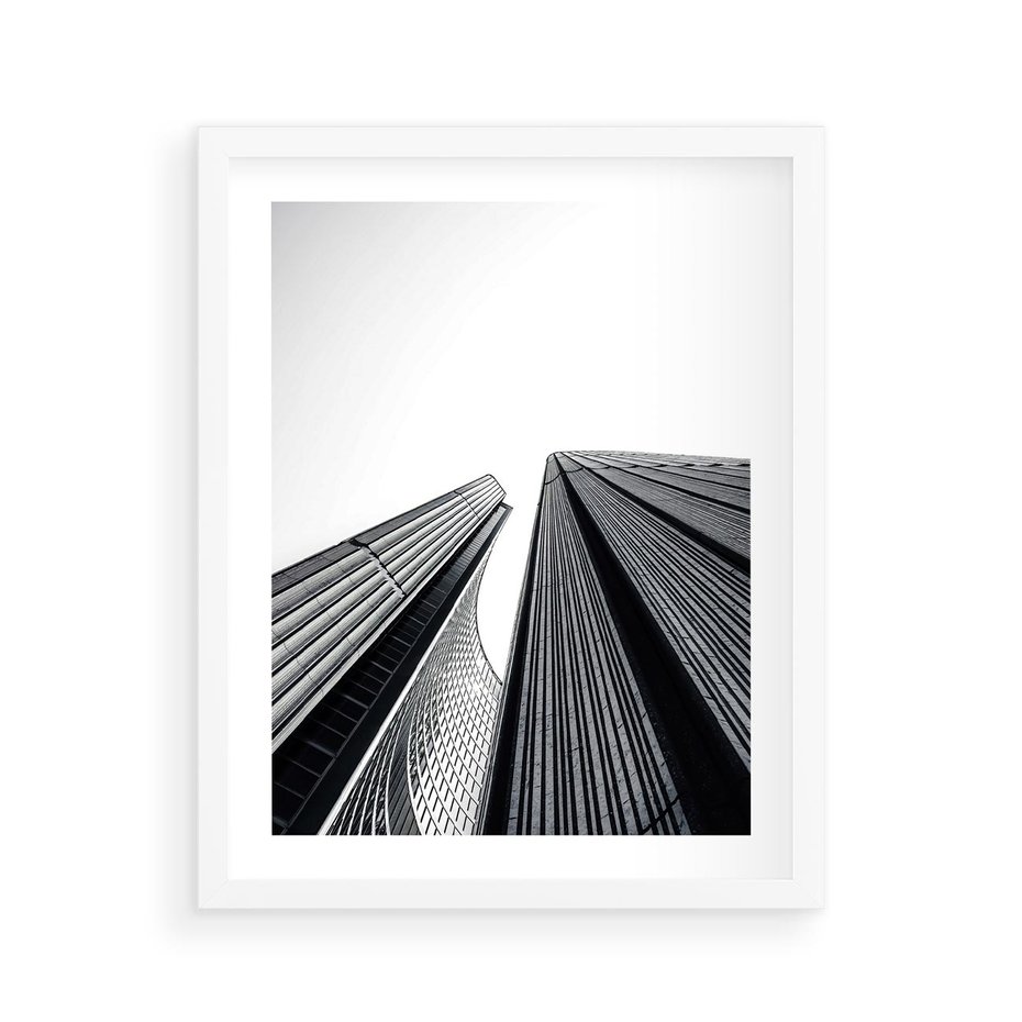 Plakat w ramie 40x50 - Monochromatyczna Wizja - architektura, wysoki wieżowiec - rama biała