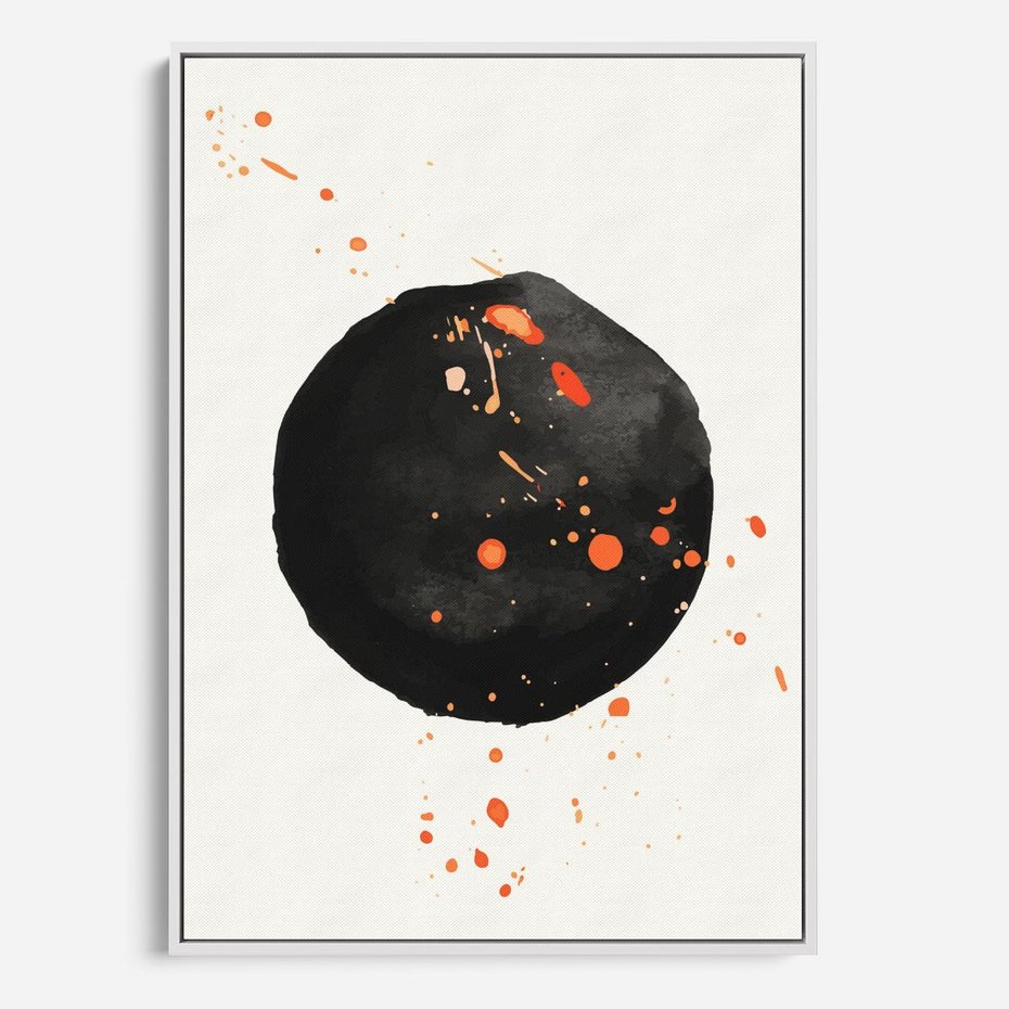 Obraz w ramie 50x70 - Wnętrza Marzeń - abstrakcyjna czarna plama, rozsiane pomarańczowe kropki - rama biała