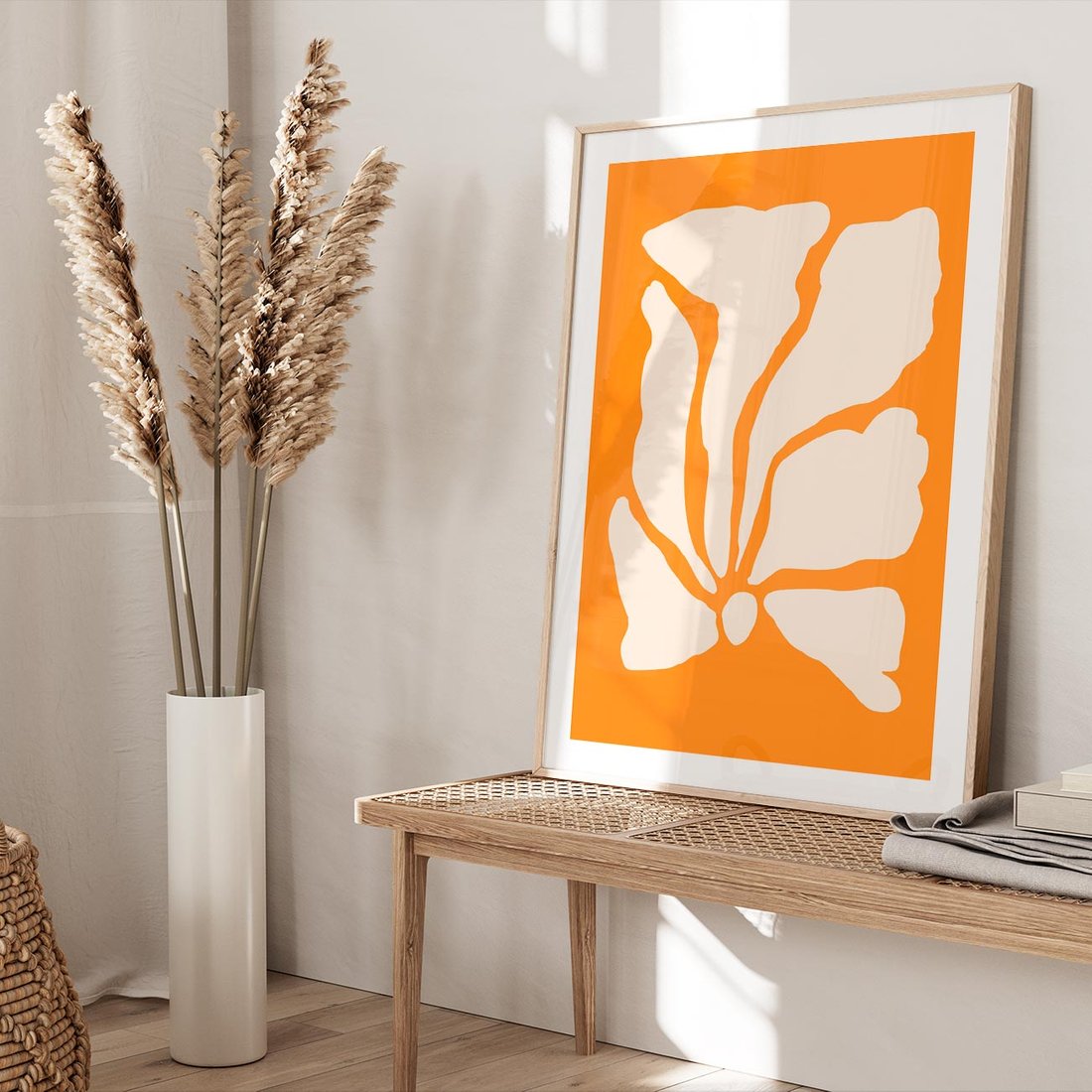 Plakat w ramie 40x50 - Wibracje Barw - abstrakcyjny boho plakat, pomarańczowe tło - rama drewno