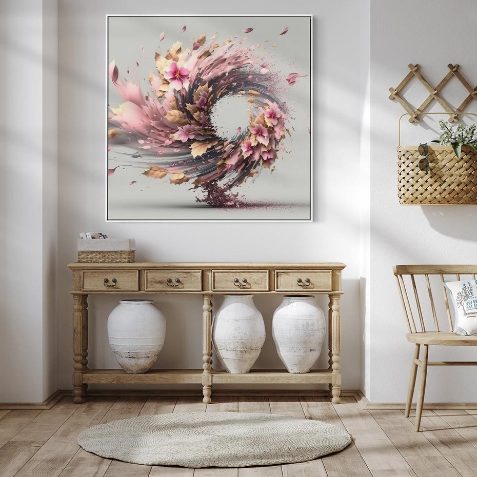 Obraz w ramie 50x50 - Kwiatowy Wir - nowoczesna grafika komputerowa, wir z kwiatów - rama biała