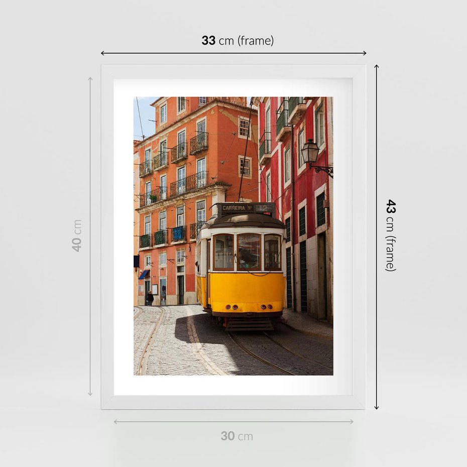 Plakat w ramie 30x40 - Urok tramwaju w Lizbonie - Lizbona, tramwaj - rama biała