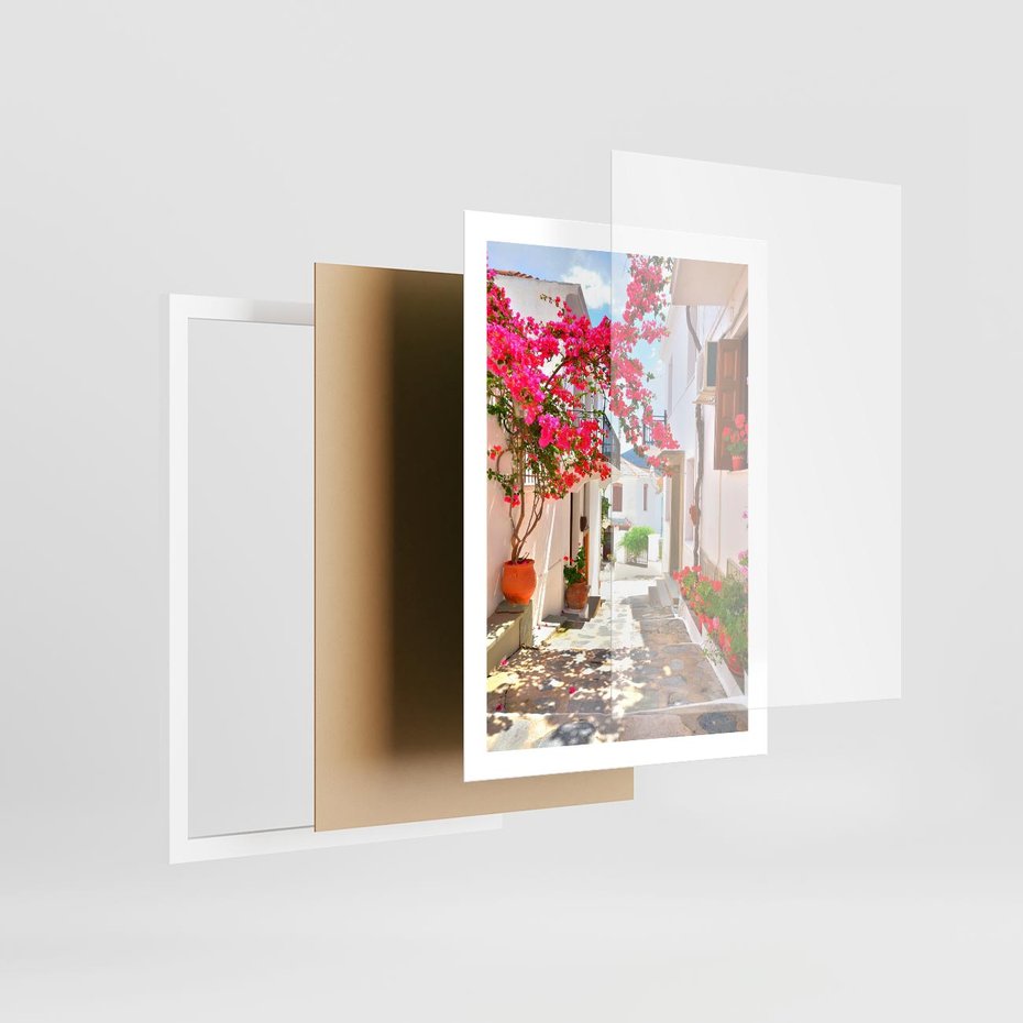 Plakat w ramie 50x70 - Kwiatowa uliczka wakacji - kwiaty, uliczka - rama biała