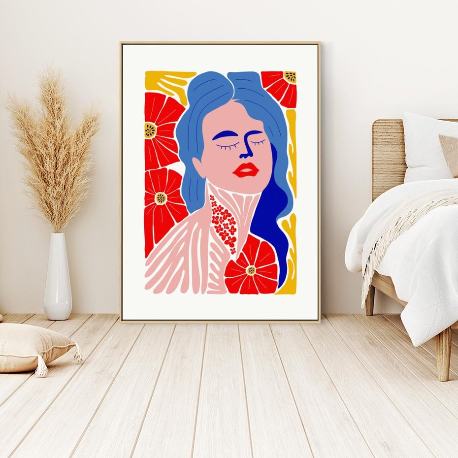 Obraz w ramie 50x70 - Nowoczesna Twarz - nowoczesna grafika, kolorowa twarz kobiety - rama drewno