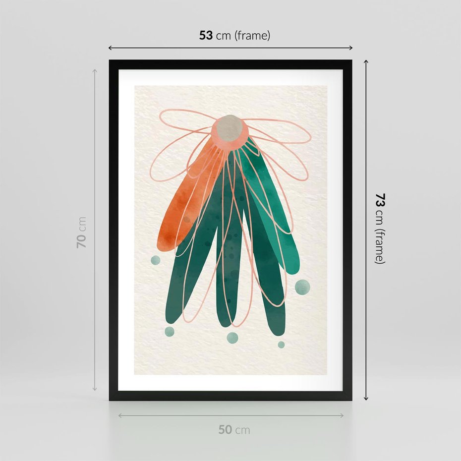 Plakat w ramie 50x70 - Energetyczna Harmonia Kwiatów - akwarelowe abstrakcyjne kształty, zieleń i pomarańcz - rama czarna
