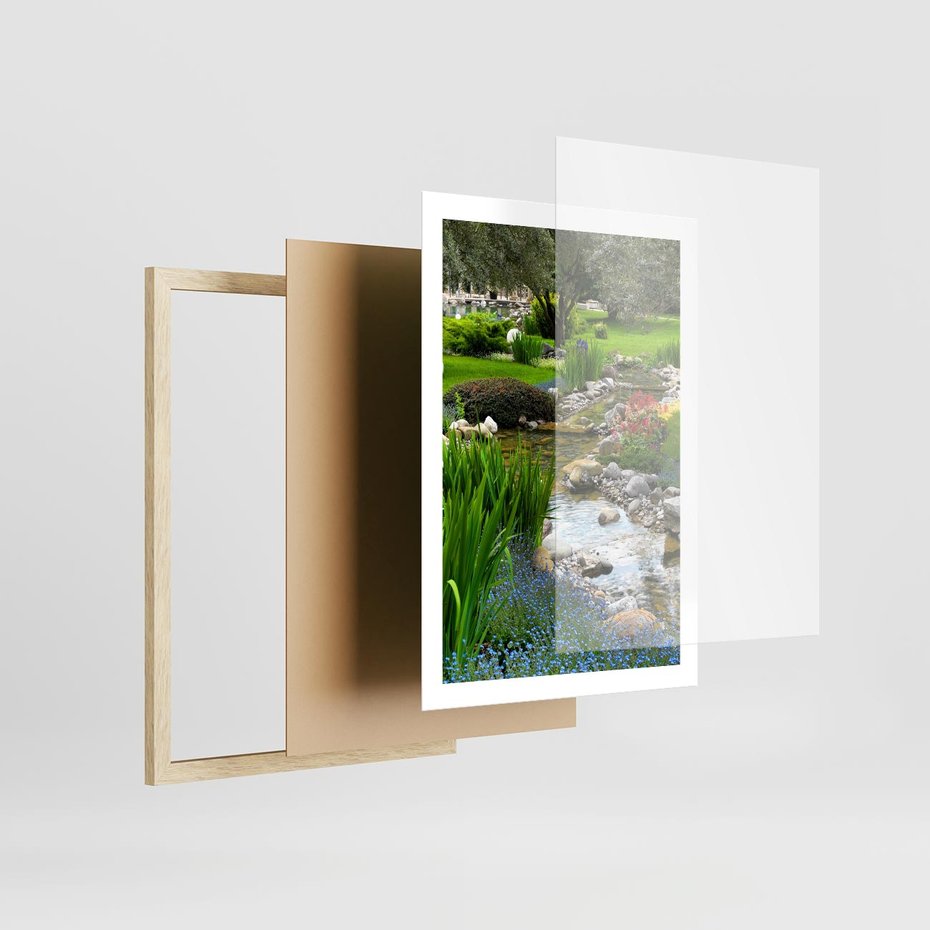 Plakat w ramie 50x70 - Ogródowy Strumyk - strumyk, ogród - rama drewno