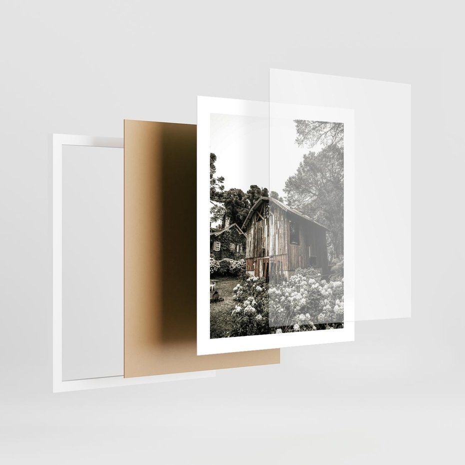 Plakat w ramie 40x50 - Oaza Uroku: Drewniana Chatka i Ogród - domek, ogród - rama biała