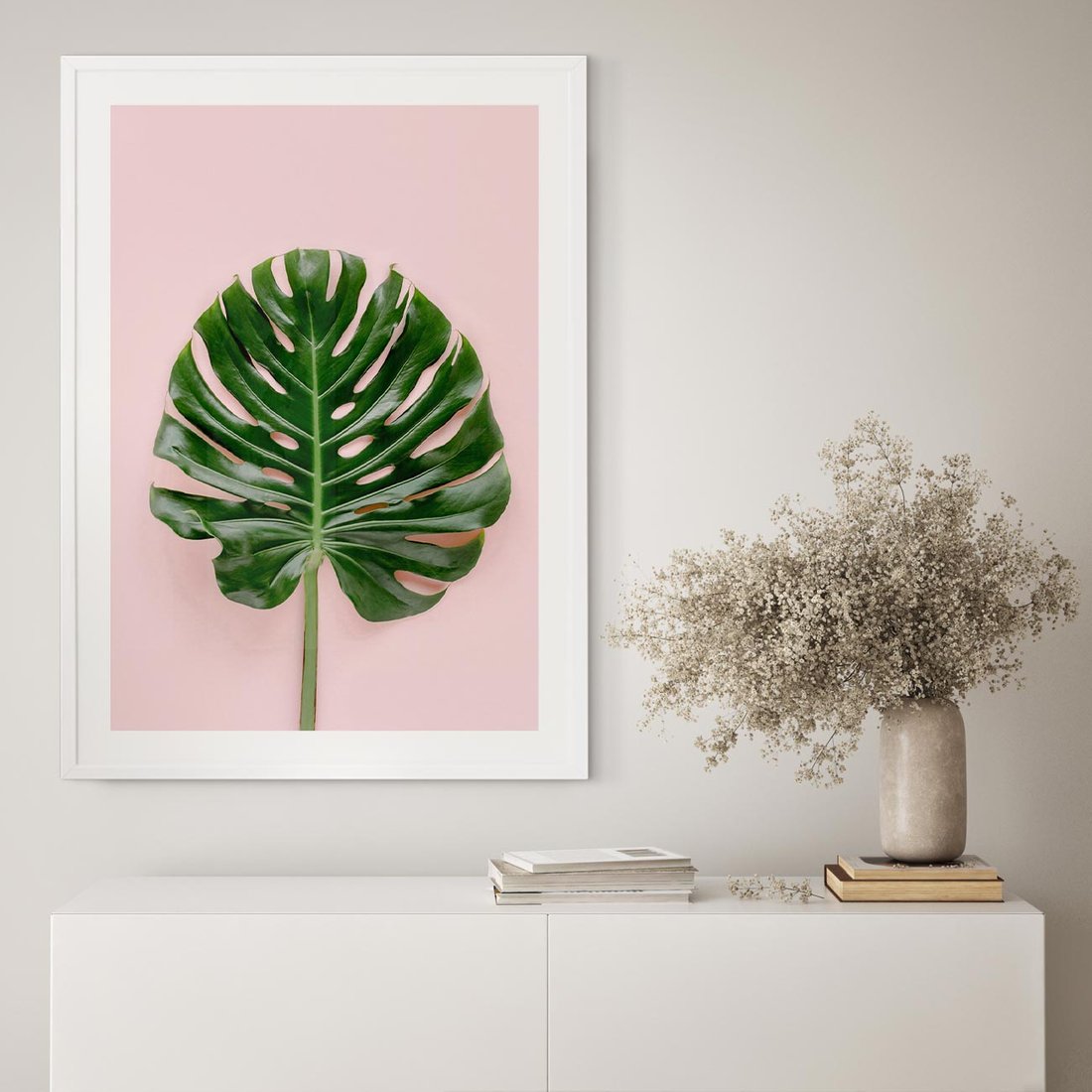 Plakat bez ramy 21x30 - Monstera w Różowym Świetle - liść monstery, różowe tło