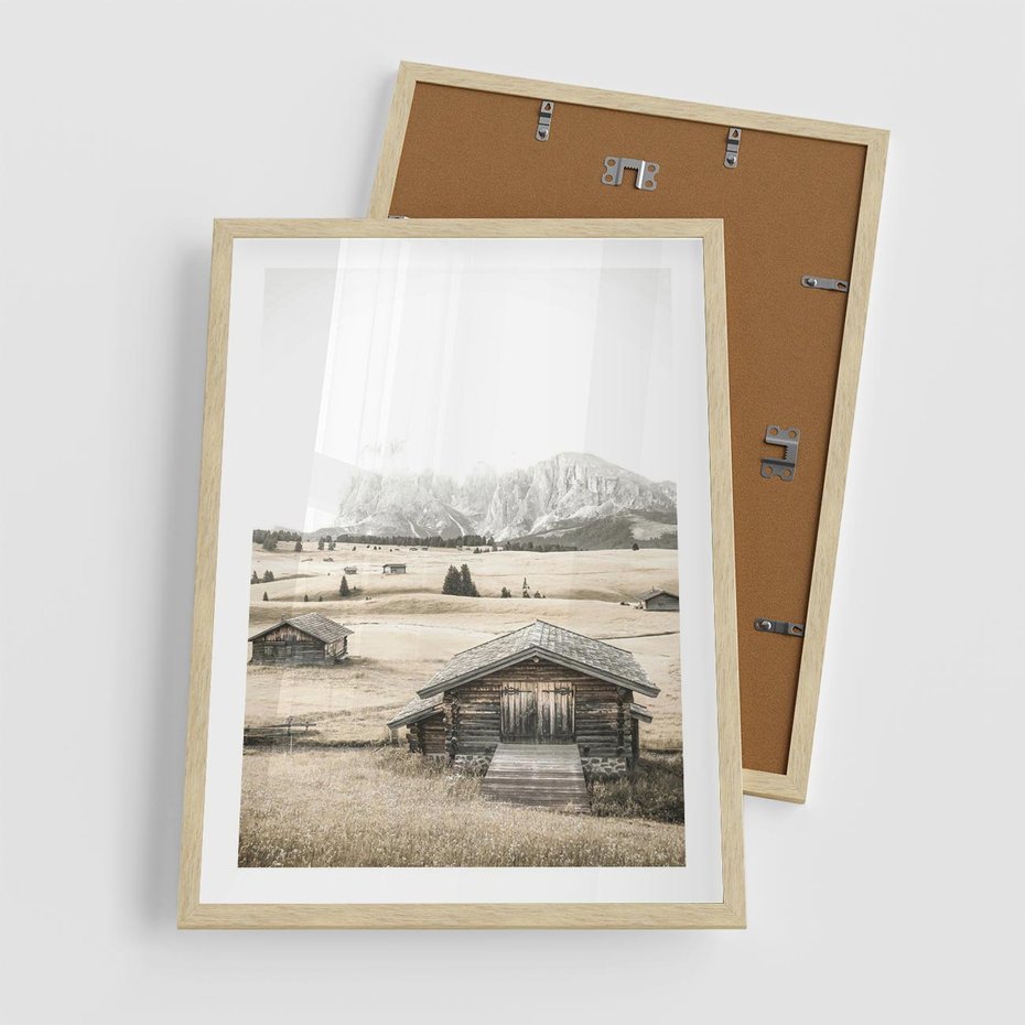 Plakat w ramie 50x70 - Chatka w Górskiej Sepii - domek w górach, chatka - rama drewno