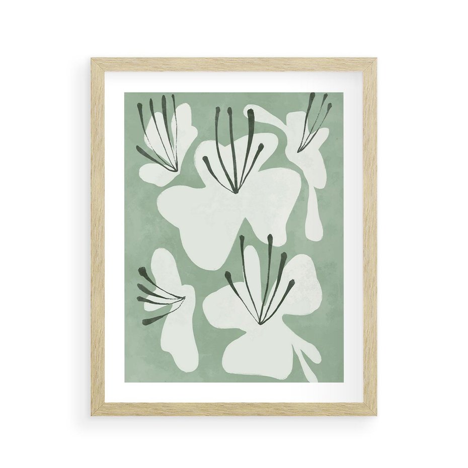 Plakat w ramie 40x50 - Rozkwitające Ukojenie - zgaszona zieleń, kwiaty - rama drewno