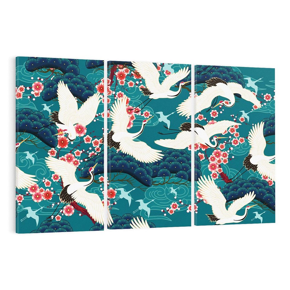 Obraz na płótnie 120x80 - Żurawie Wachlarze - orientalne japońskie żurawie, grafika