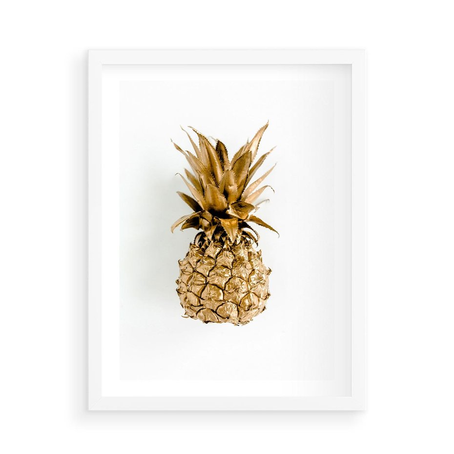 Plakat w ramie 50x70 - Ekskluzywny Akcent - złoty, ananas - rama biała