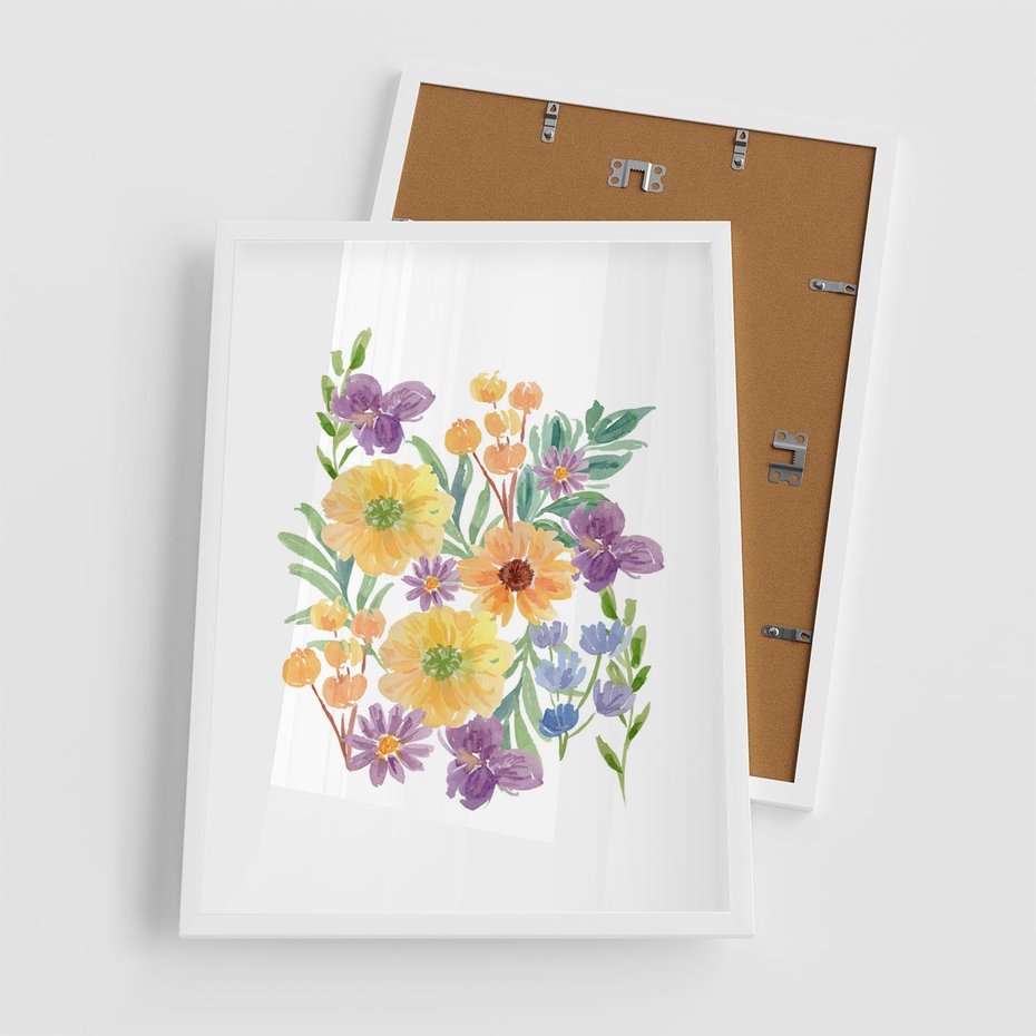 Plakat w ramie 50x70 - Kwiatowe Wibracje - akwarelowe polne kwiaty, minimalistyczny plakat - rama biała