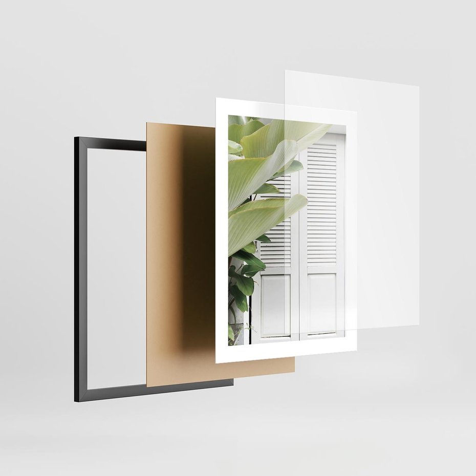 Plakat w ramie 30x40 - Tropikalne Okno - białe okiennice, zielona tropikalna roślina - rama czarna