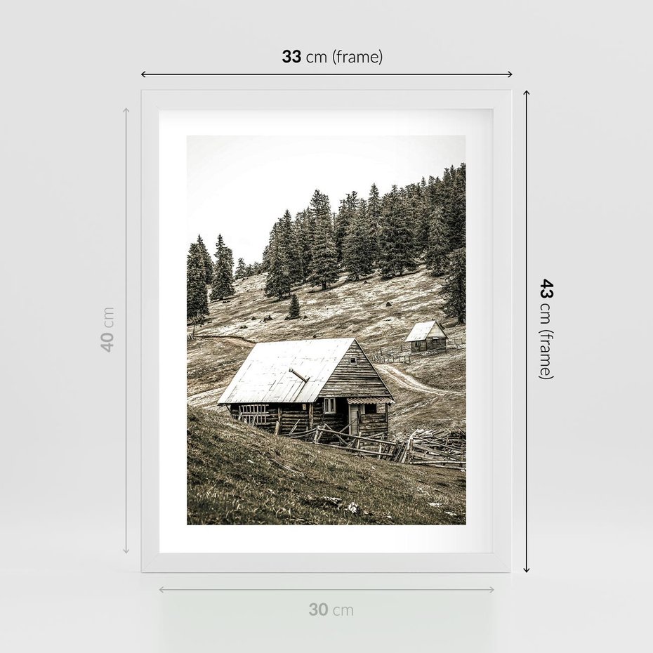 Plakat w ramie 30x40 - Ustronne Chatki w Górach - rustykalne domki w górach, sepia - rama biała