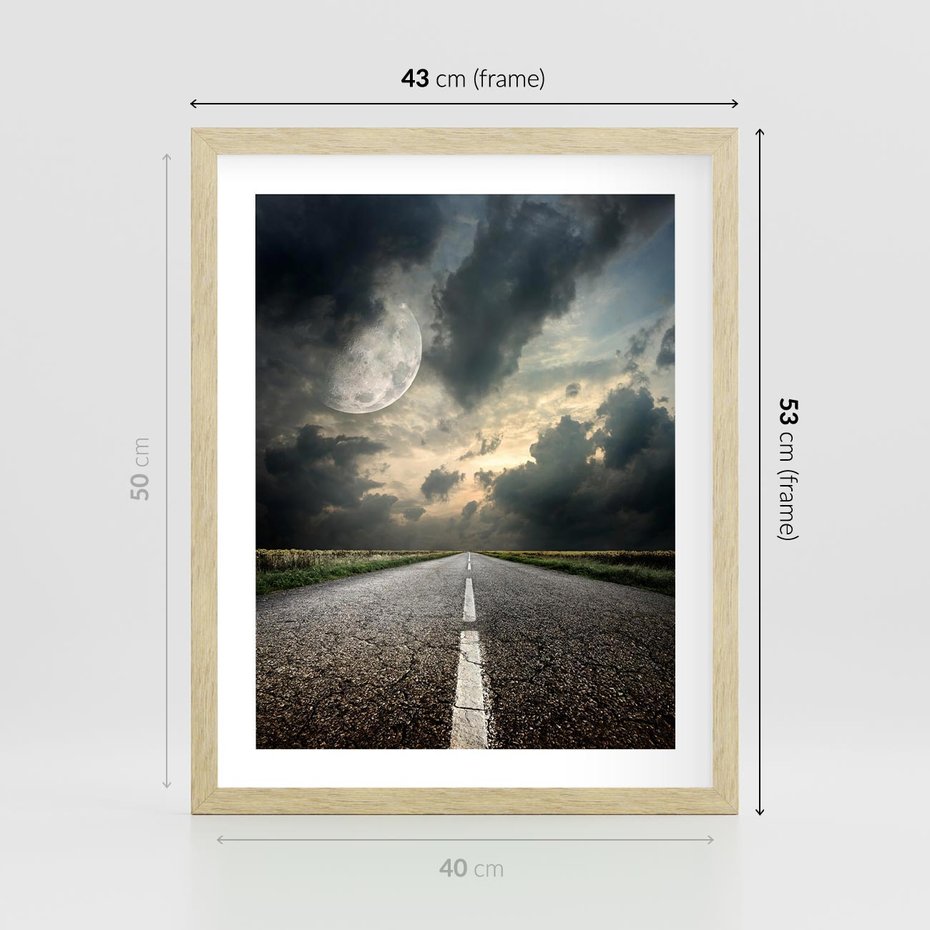 Plakat w ramie 40x50 - magia nocnej drogi - droga, księżyc - rama drewno