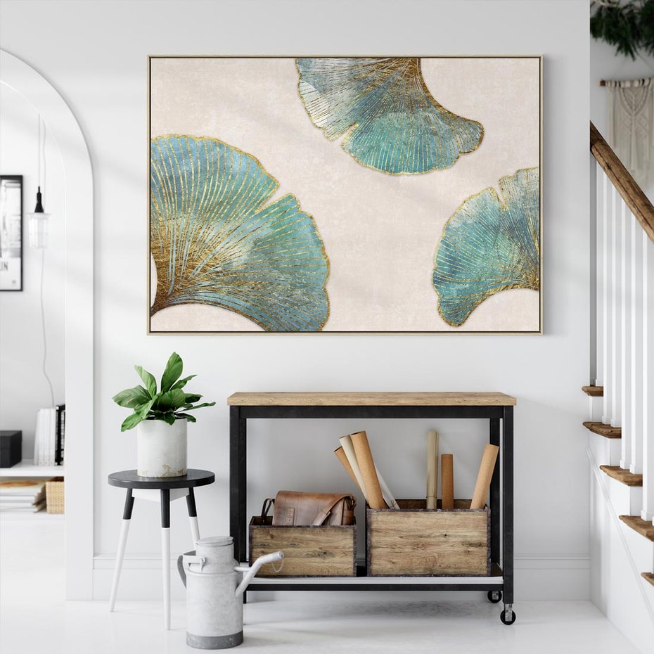 Obraz w ramie 120x80 - Złota Melodia Liści - złote, turkusowe liście miłorzębu - rama drewno