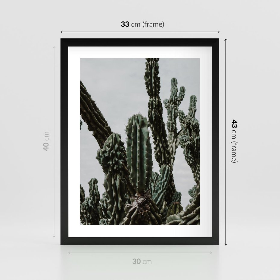 Plakat w ramie 30x40 - Boho oaza wśród kaktusów - kaktusy, pustynia - rama czarna