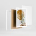 Plakat w ramie 50x70 - Światło Natury: Graficzne Liście i Złote Słońce - grafika, graficzne liście - rama biała