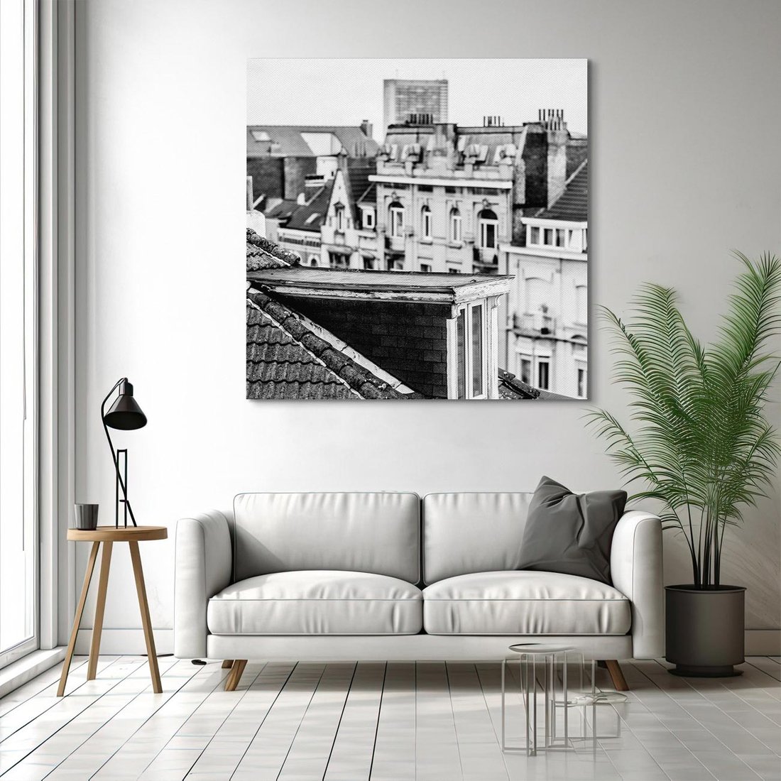 Obraz na płótnie 70x70 - Miasto w Retro Odsłonie - fotografia czarno biała, ujęcie na dachy wielkiego miasta