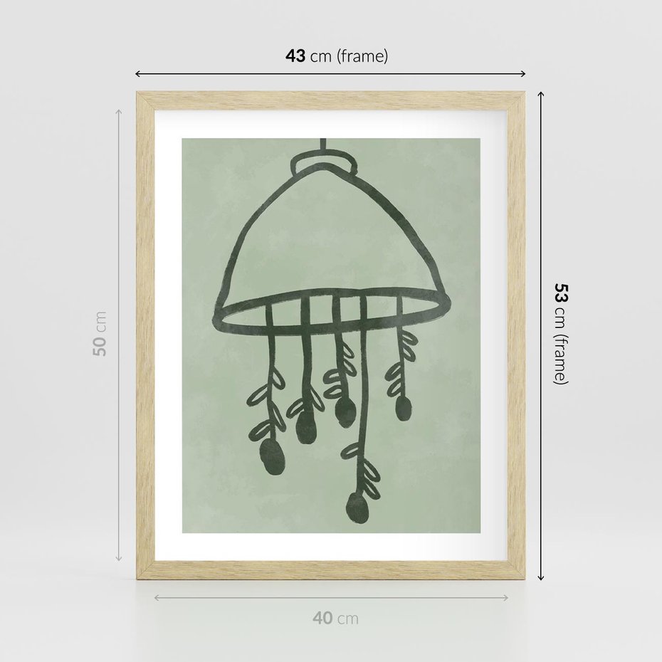 Plakat w ramie 40x50 - Zieleń Inspirującego Spokoju - plakat z abstrakcyjną zieloną lampą, skandynawski design - rama drewno