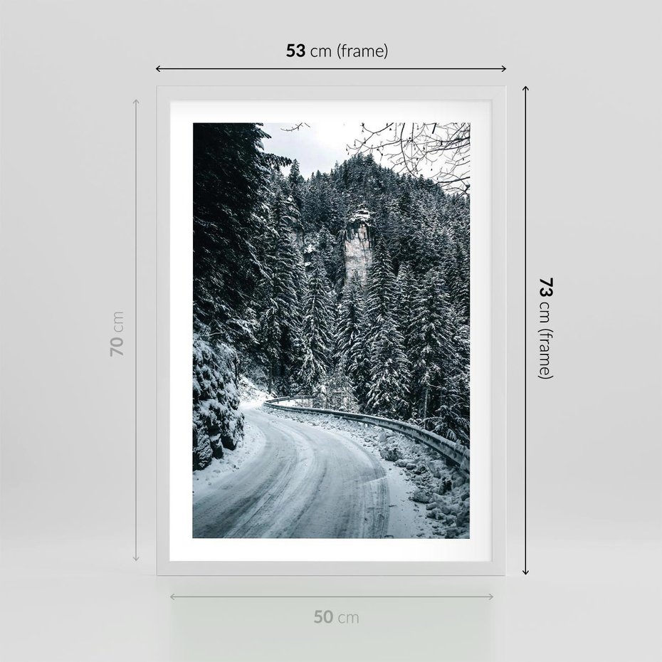 Plakat w ramie 50x70 - Zimowa Przygoda - zima w górach, droga - rama biała