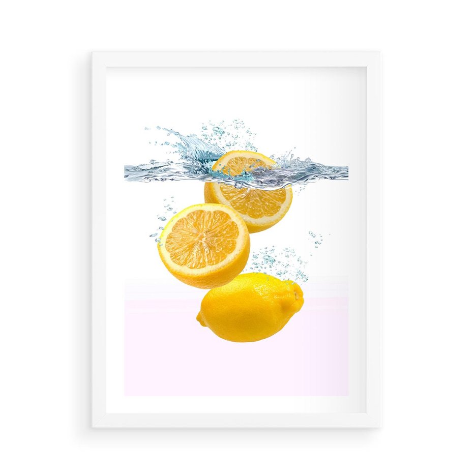 Plakat w ramie 50x70 - Świeże cytryny pełne smaku - cytryny, owoce - rama biała
