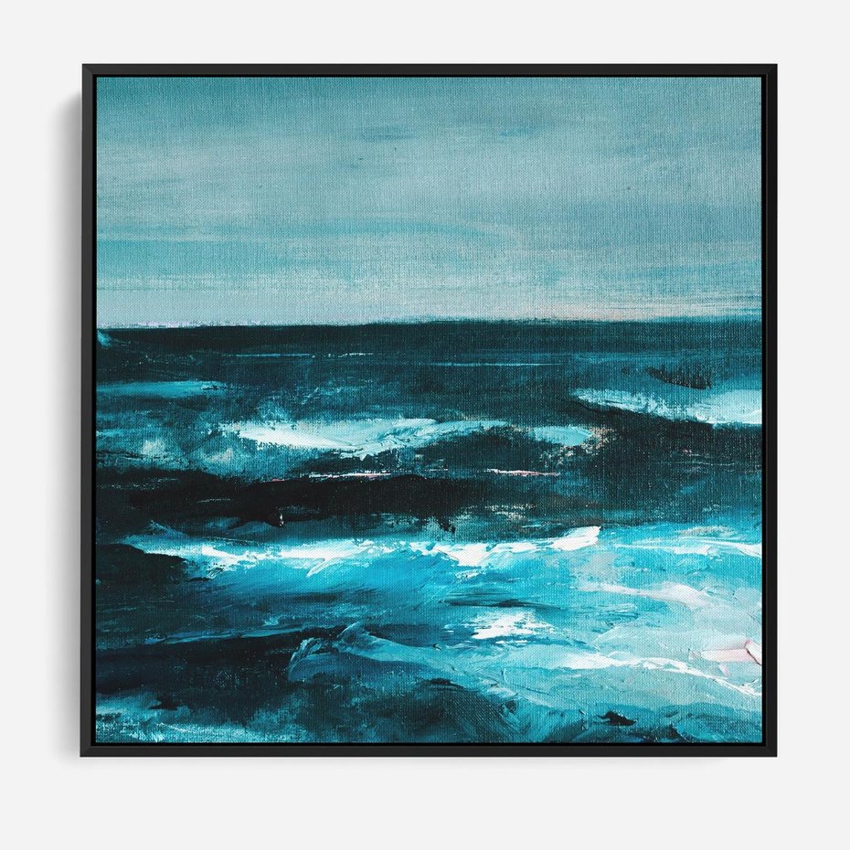 Obraz w ramie 50x50 - Burza Nad Granatowym Oceanem - piękny marynistyczny obraz olejny, wzburzone ciemne morze - rama czarna