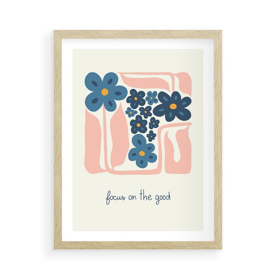 Plakat w ramie 50x70 - Linie kwiatowych marzeń - minimalistyczna kwiatowa kompozycja, pastelowe kolory - rama drewno