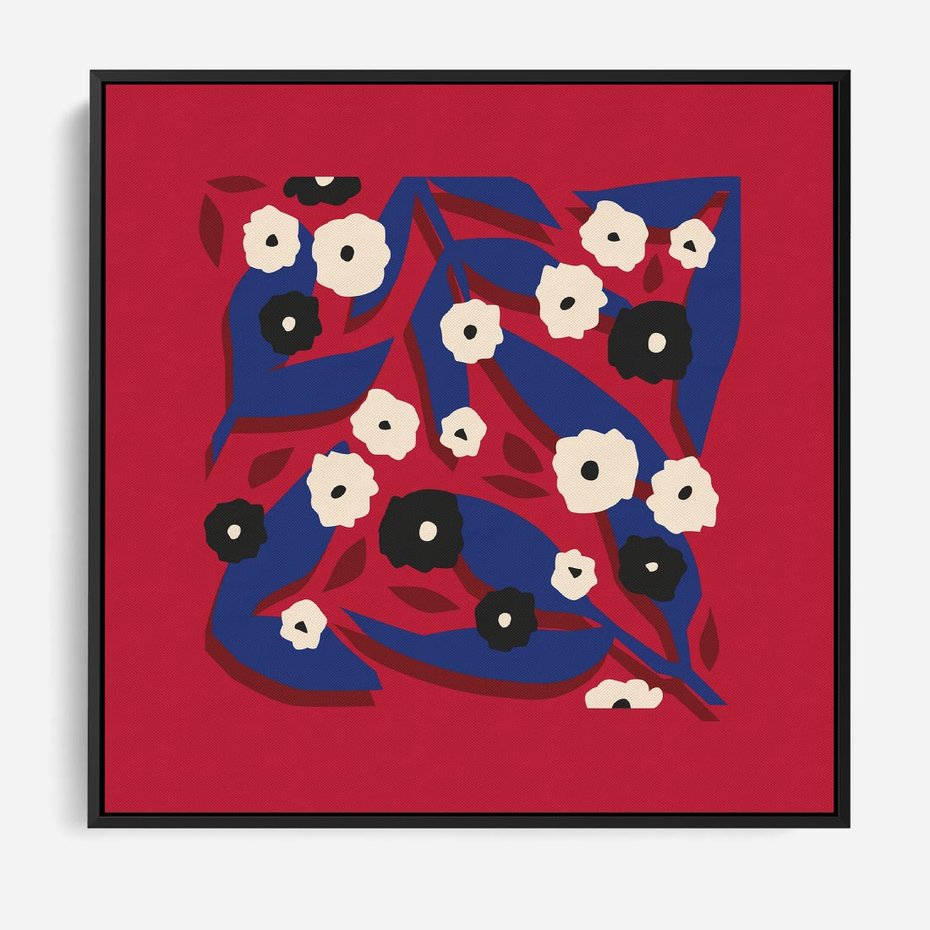 Obraz w ramie 50x50 - Kolorowe Przenikanie - abstrakcyjna kwiatowa kompozycja, czerwone mocne tło - rama czarna