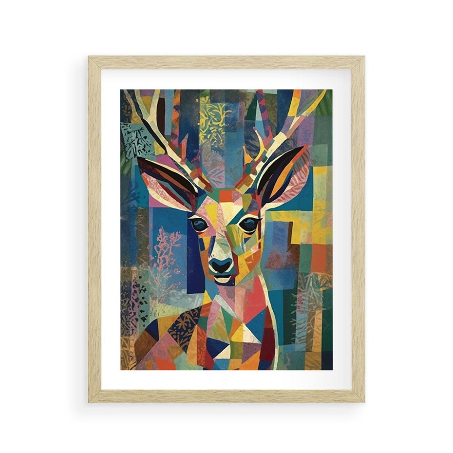 Plakat w ramie 40x50 - Bezgraniczne Kontury Zaskoczenia - abstrakcyjny obraz olejny, jeleń - rama drewno