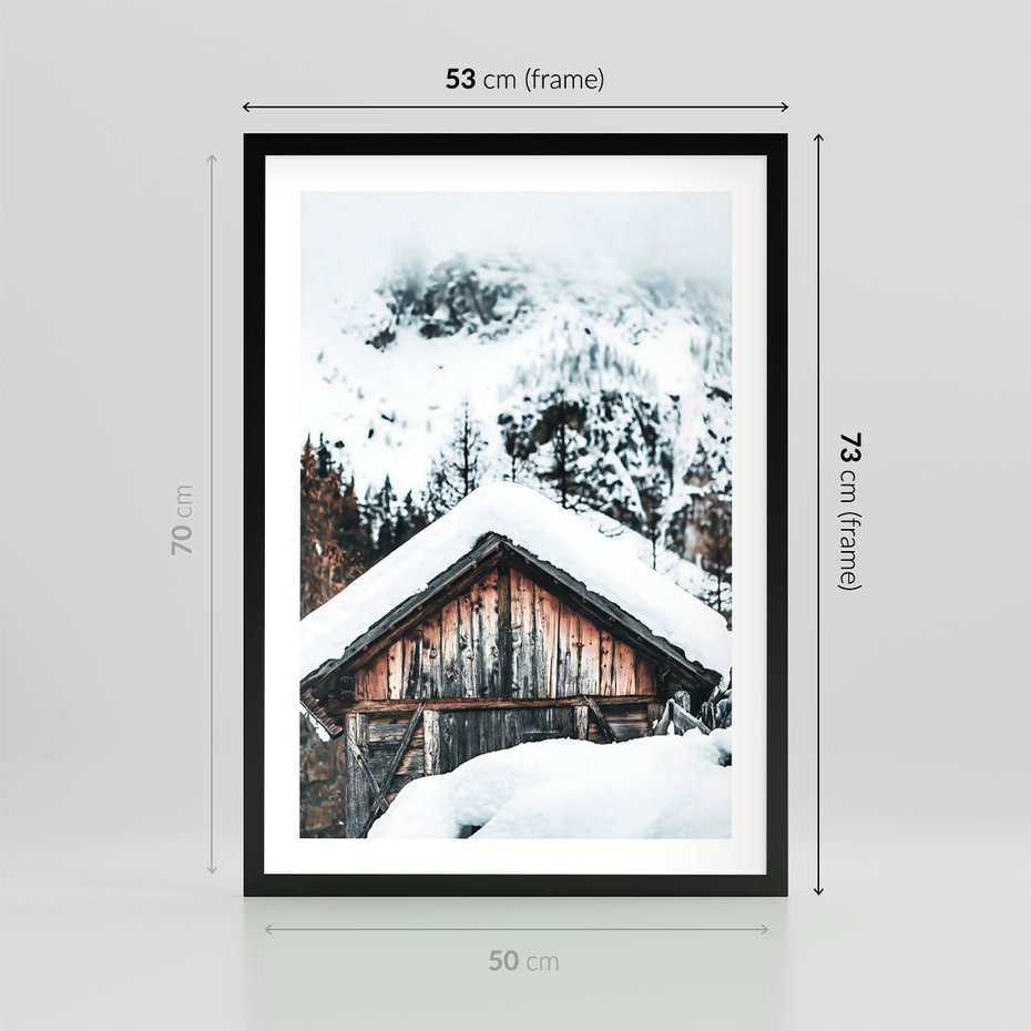 Plakat w ramie 50x70 - Domek w Górach w Białym Odcieniu - zima, domek w górach - rama czarna