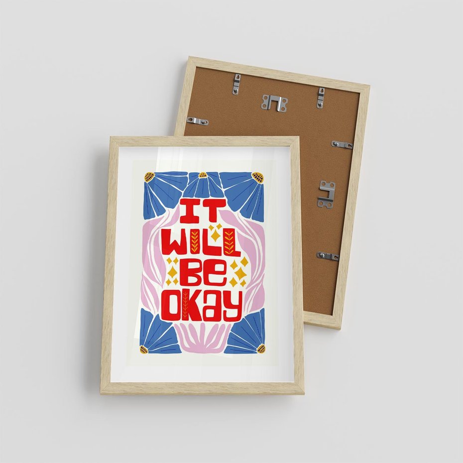 Plakat w ramie 30x40 - Kwiatowa Ekstaza - czerwona pozytywna typografia, kwiatowa kompozycja - rama drewno