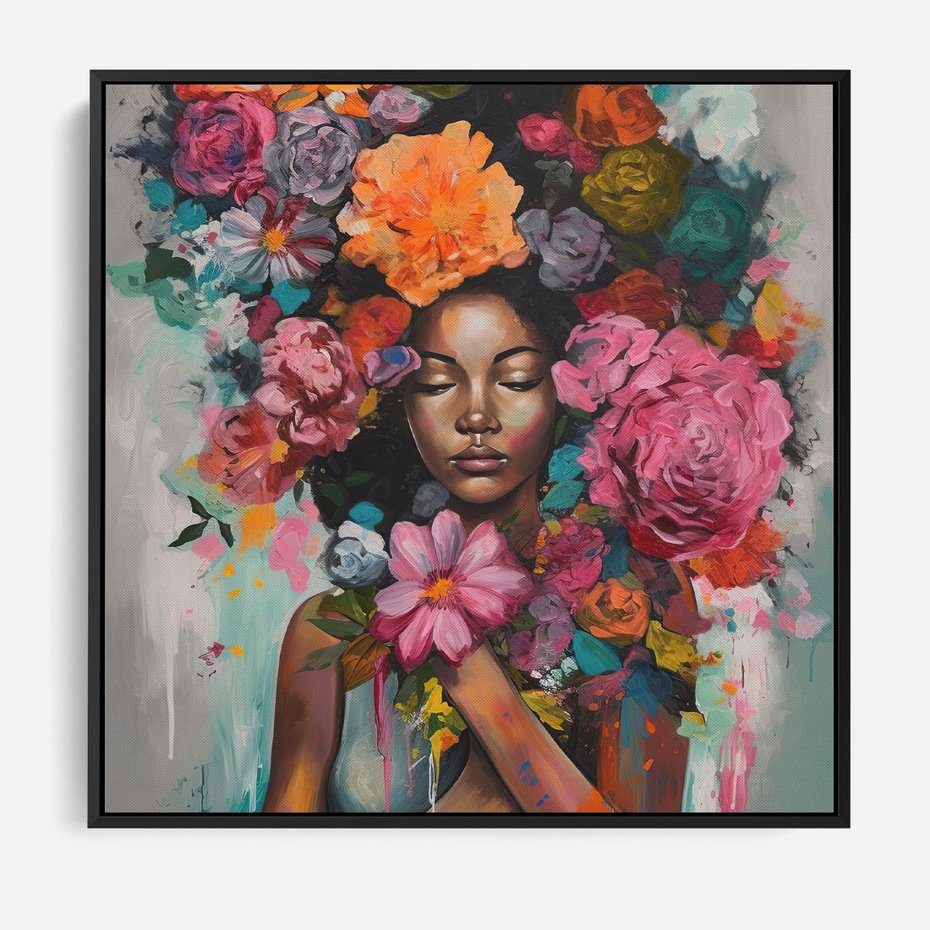Obraz w ramie 50x50 - Z Głową w Kwiatach - obraz olejny, sztuka nowoczesna - rama czarna