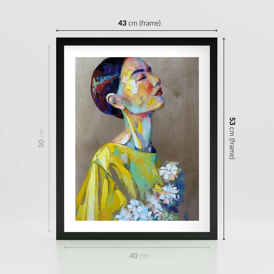 Plakat w ramie 40x50 - W Żółtej Sukience - olejny abstrakcyjny obraz, portret kobiety w żółtej sukience - rama czarna