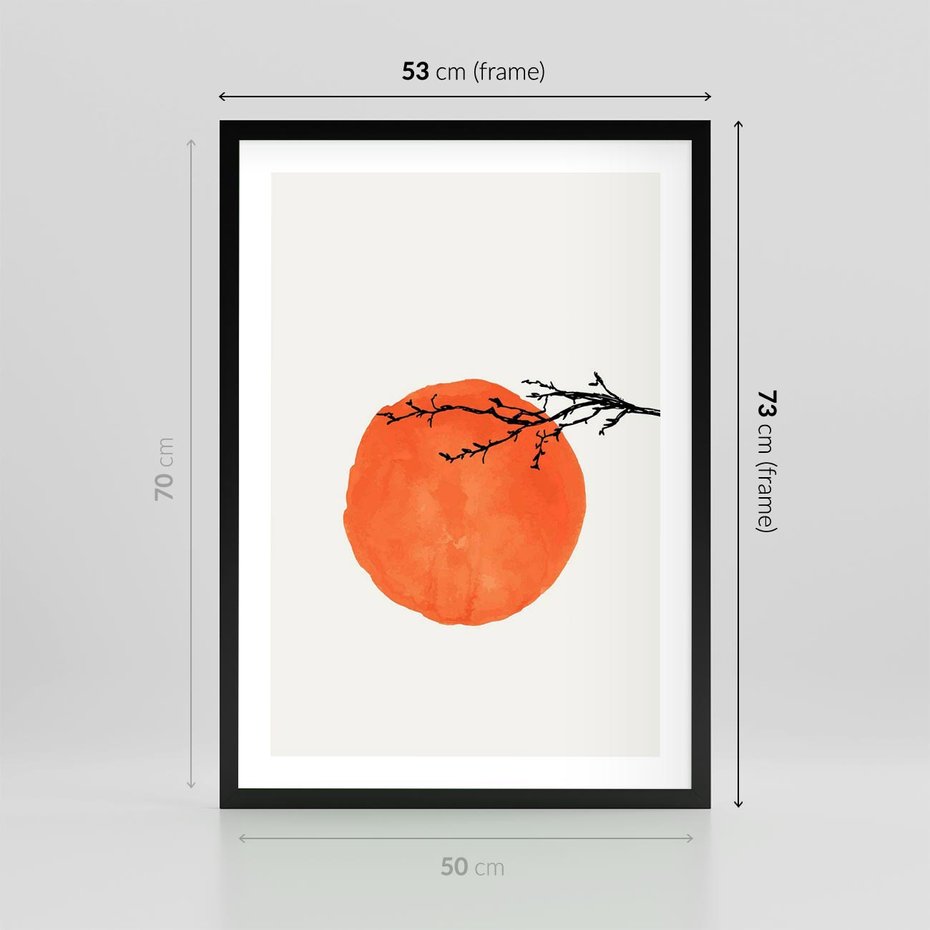 Plakat w ramie 50x70 - Słońce i Gałązka - pomarańczowe słońce, gałązka - rama czarna