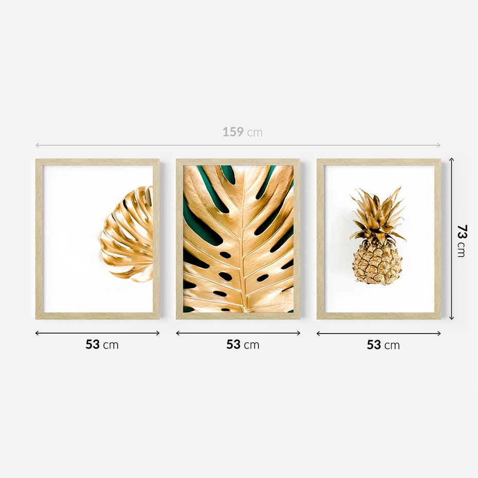 Zestaw obrazy w ramie 50x70 galeria - Złoty, ananas, monstera, gold - rama drewno
