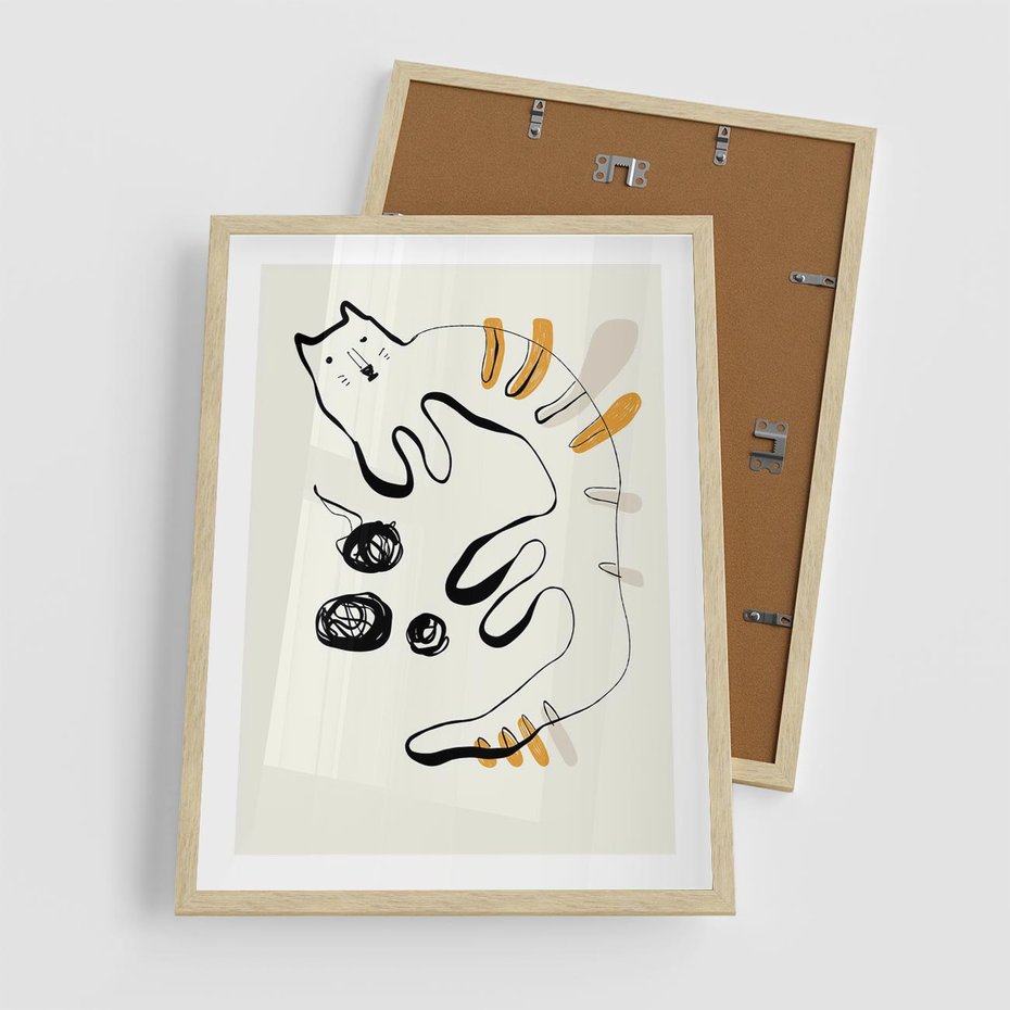 Plakat w ramie 50x70 - Picassowska Abstrakcja Kota - abstrakcyjna grafika kota, jak picasso - rama drewno