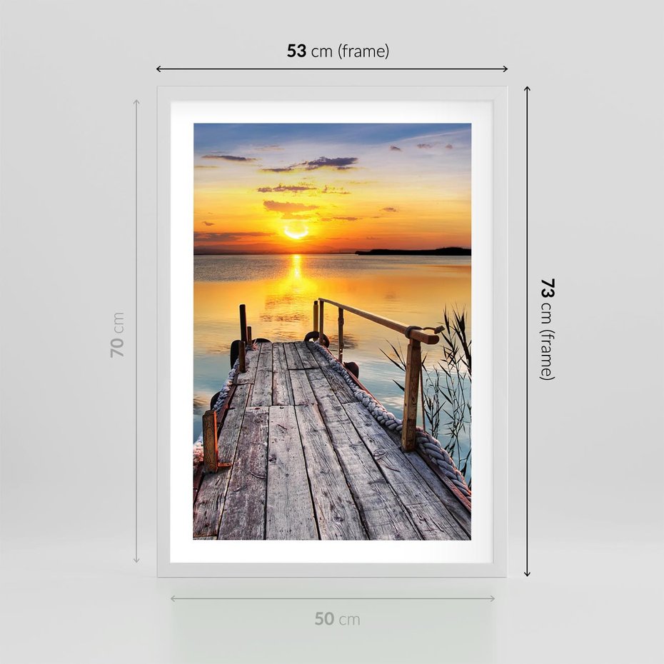 Plakat w ramie 50x70 - Zachód nad jeziorem z pomostem - pomost, jezioro - rama biała