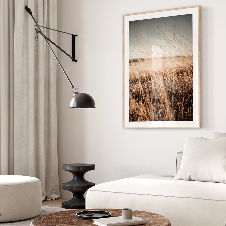 Plakat w ramie 30x40 - Sucha Trawa w Odcieniach Sepii - suche trawy, łąka odcienie beżu - rama drewno