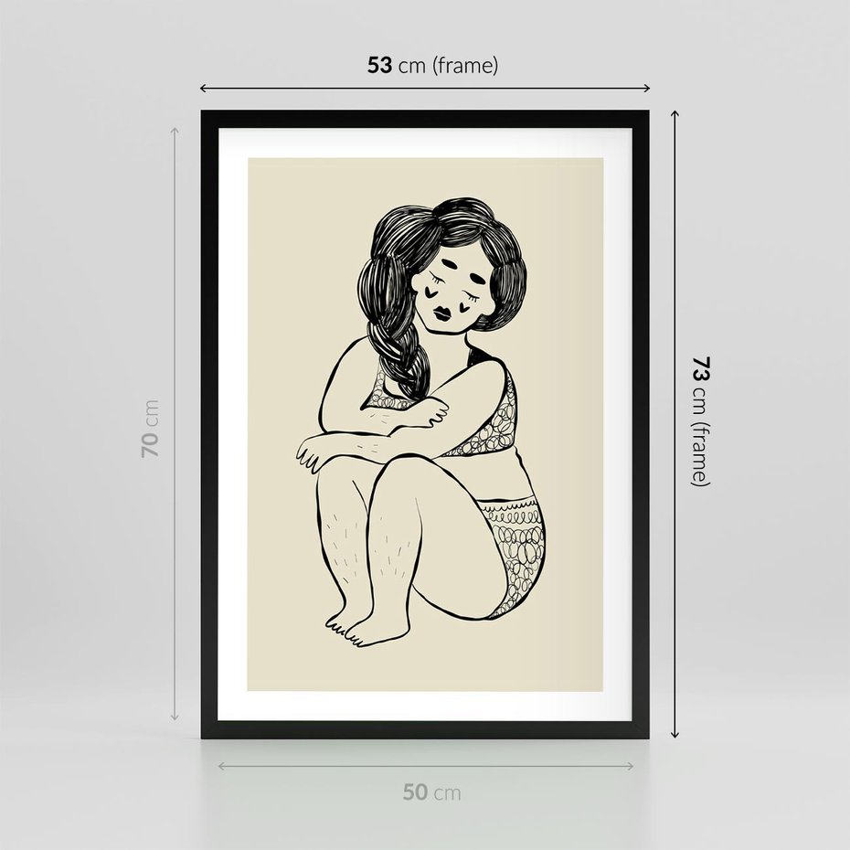 Plakat w ramie 50x70 - Migotliwe Refleksje - nowoczesny minimalistyczny rysunek, dziewczyna w bieliźnie - rama czarna