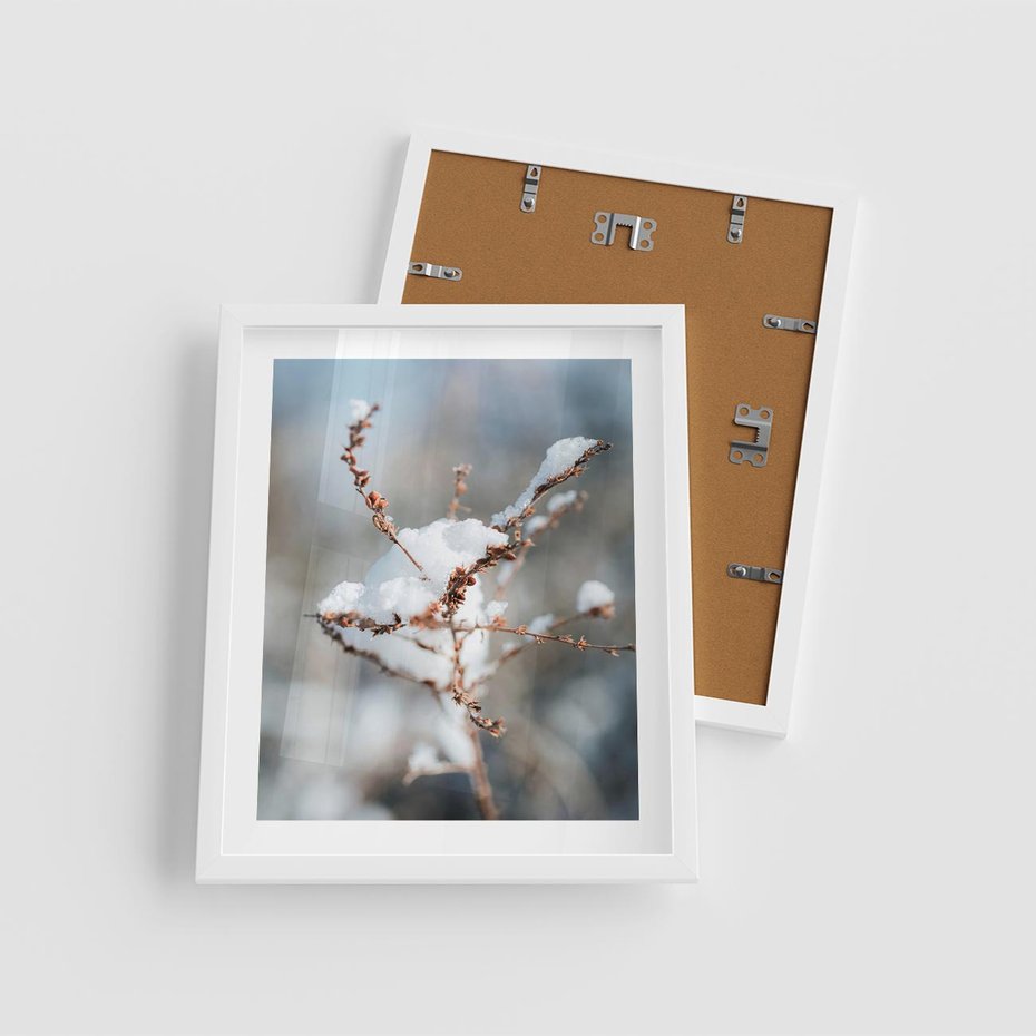 Plakat w ramie 40x50 - Zimowy Urok Natury - gałązki pod śniegiem, natura - rama biała