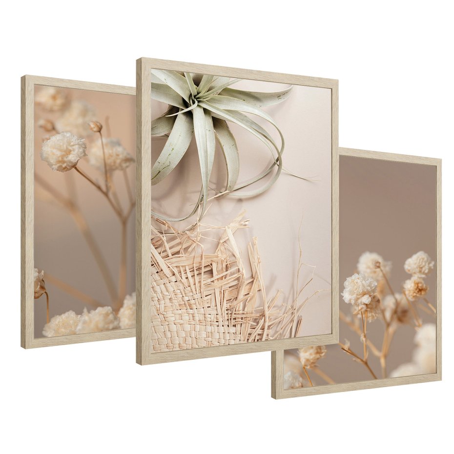 Zestaw obrazy w ramie 50x70 galeria - Suszone, kwiaty, boho - rama drewno