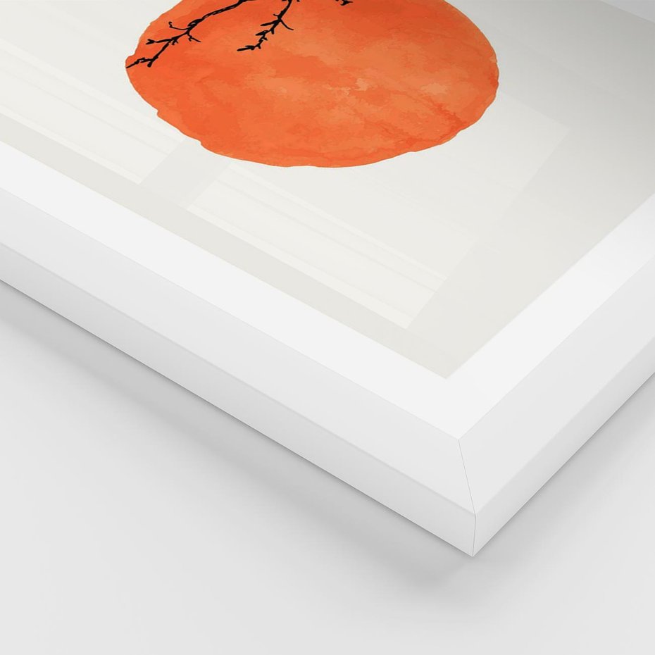 Plakat w ramie 30x40 - Słońce i Gałązka - pomarańczowe słońce, gałązka - rama biała