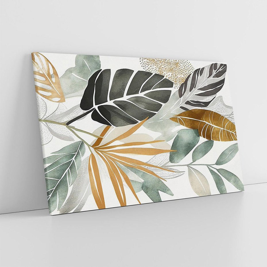 Obraz na płótnie 120x80 - Współbrzmienie wewnętrznego ja - kompozycja z tropikalnych liści, stonowane kolory
