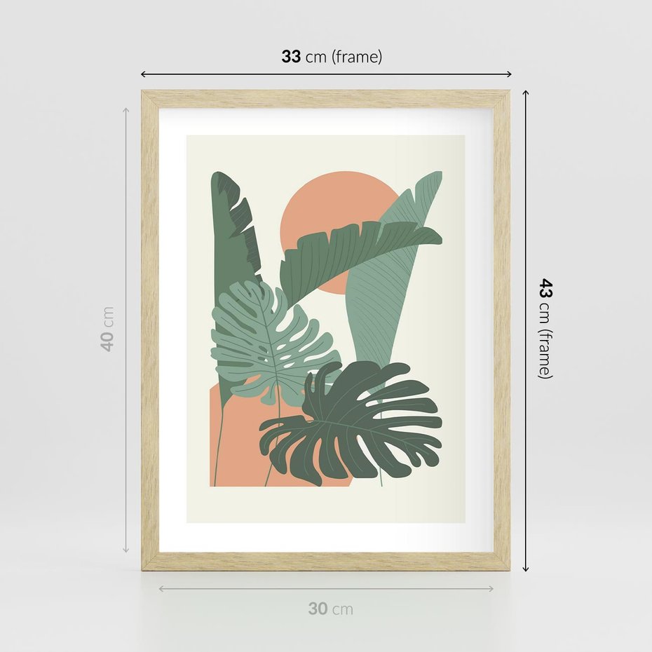 Plakat w ramie 30x40 - Abstrakcyjne Tropiki - liście, rośliny tropikalne w graficznym stylu - rama drewno