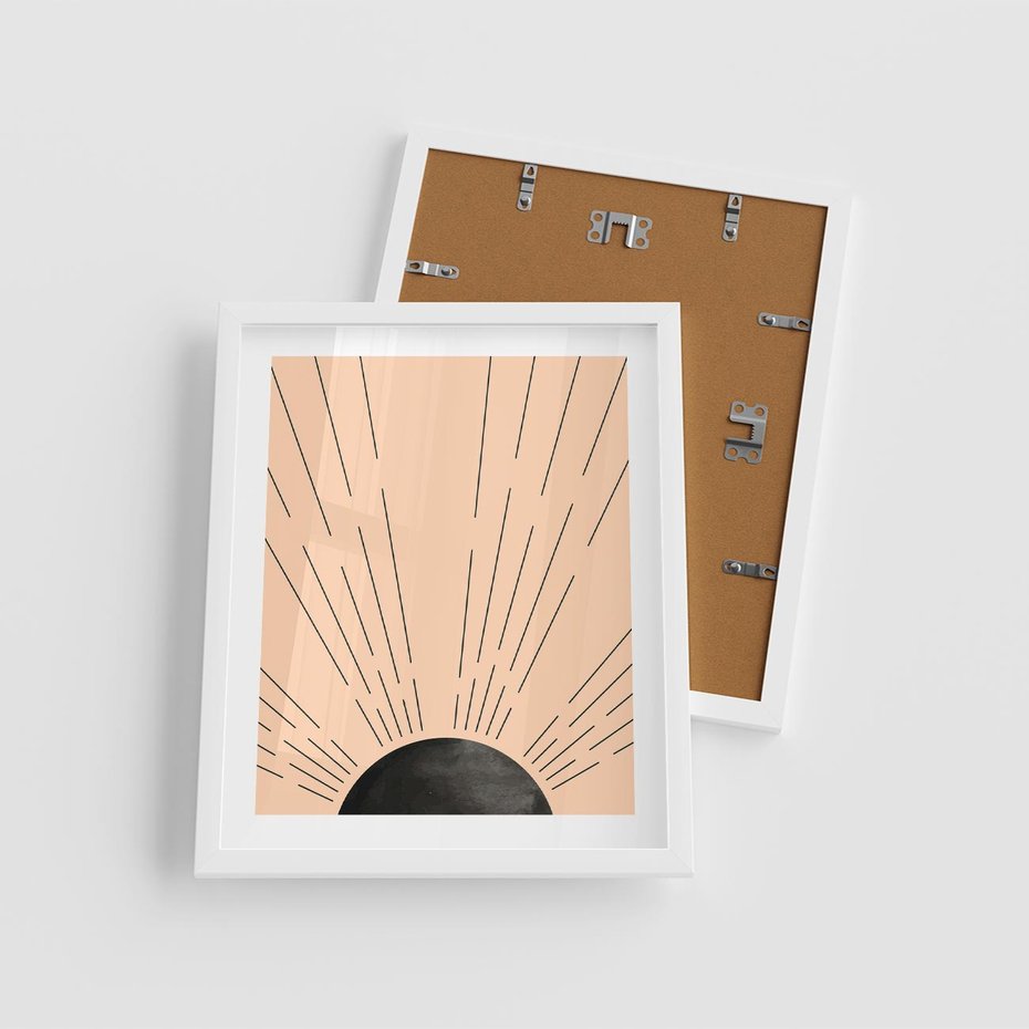 Plakat w ramie 40x50 - Migocące Kształty Promieni - boho czarne słońce, nowoczesna grafika - rama biała