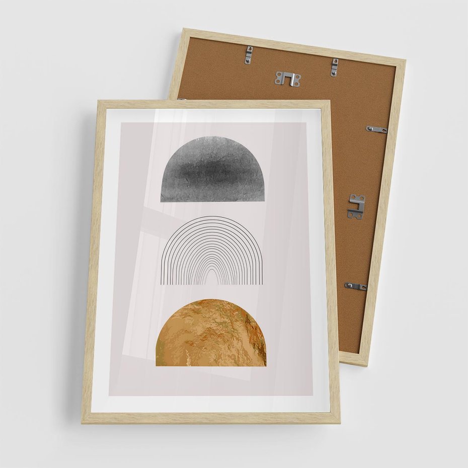 Plakat w ramie 50x70 - Piękno wGeometrycznych Kształtach i Złocie - nowoczesna geometryczna grafika, złote elementy - rama drewno