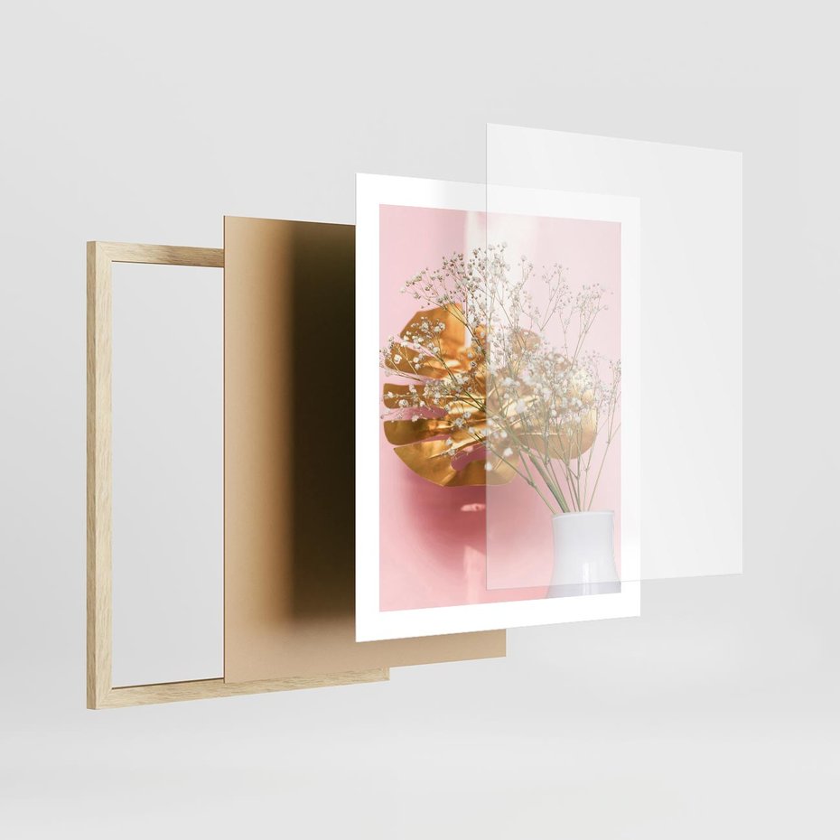 Plakat w ramie 40x50 - Złoty Akcent - złoty liść montery, gipsówka - rama drewno