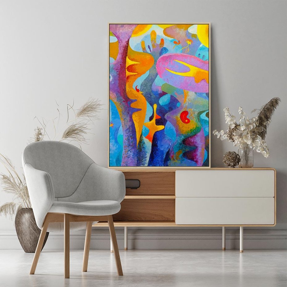 Obraz w ramie 50x70 - Płomienne Tańce Abstrakcji - energetyczna abstrakcja, dziwne formy - rama drewno
