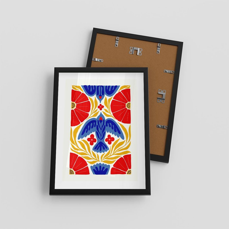 Plakat w ramie 30x40 - Eklektyczny Majestat - wyrazista grafika, mocne kolory czerwień niebieski żółty - rama czarna